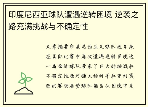 印度尼西亚球队遭遇逆转困境 逆袭之路充满挑战与不确定性