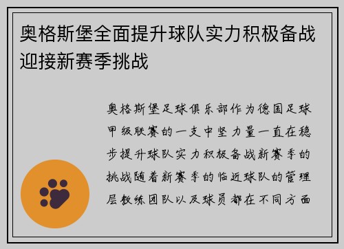 奥格斯堡全面提升球队实力积极备战迎接新赛季挑战